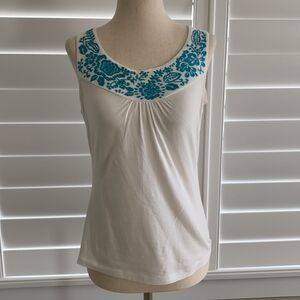 Ann Taylor Loft embroidered top, white and teal XS